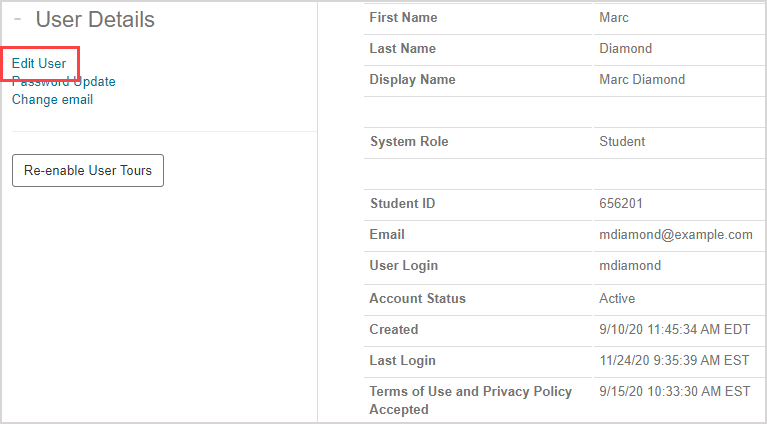 The "Edit User" option is the first link in the "User Details" pane of the user profile page.